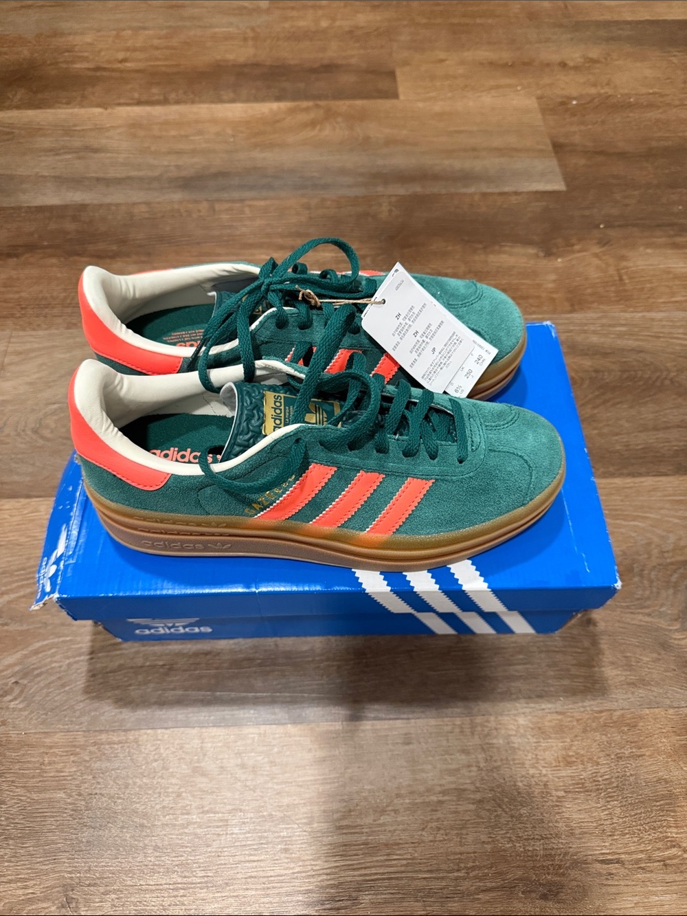 adidas Kids Green Suede Sneakers with Coral Stripes